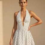 Polka Dot Halter Neck Deep V Cutout Backless Pleated Mini Dress