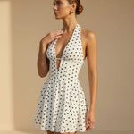 Polka Dot Halter Neck Deep V Cutout Backless Pleated Mini Dress