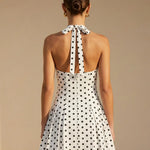Polka Dot Halter Neck Deep V Cutout Backless Pleated Mini Dress