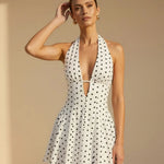Polka Dot Halter Neck Deep V Cutout Backless Pleated Mini Dress