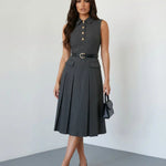 Grey Formal Sleeveless Collared Button Front Belted Pleated Midi Shirt Dress