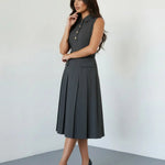 Grey Formal Sleeveless Collared Button Front Belted Pleated Midi Shirt Dress