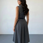 Grey Formal Sleeveless Collared Button Front Belted Pleated Midi Shirt Dress