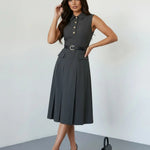 Grey Formal Sleeveless Collared Button Front Belted Pleated Midi Shirt Dress