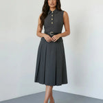 Grey Formal Sleeveless Collared Button Front Belted Pleated Midi Shirt Dress