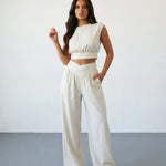 White Linen Blend Cap Sleeve Ruched Crop Top V Waist Wide Leg Pants Set