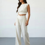 White Linen Blend Cap Sleeve Ruched Crop Top V Waist Wide Leg Pants Set