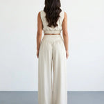 White Linen Blend Cap Sleeve Ruched Crop Top V Waist Wide Leg Pants Set