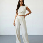 White Linen Blend Cap Sleeve Ruched Crop Top V Waist Wide Leg Pants Set