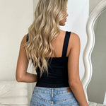 Black Square Neck Wide Strap Ruched Fitted Crop Tank Top