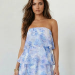 Blue Watercolor Floral Ruffle Tiered Strapless Mini Dress