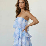 Blue Watercolor Floral Ruffle Tiered Strapless Mini Dress
