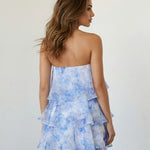 Blue Watercolor Floral Ruffle Tiered Strapless Mini Dress