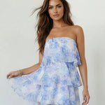 Blue Watercolor Floral Ruffle Tiered Strapless Mini Dress
