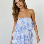 Blue Watercolor Floral Ruffle Tiered Strapless Mini Dress