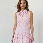 Pink Floral Lace Peter Pan Collar Sleeveless Mini Dress