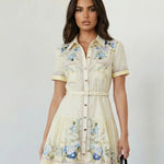 Floral Embroidered Belted Ruffle Hem Shirt Mini Dress