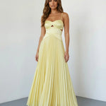 Pale Yellow Elegant Cutout Pleated Satin Maxi Cami Dress