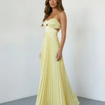 Pale Yellow Elegant Cutout Pleated Satin Maxi Cami Dress