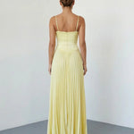 Pale Yellow Elegant Cutout Pleated Satin Maxi Cami Dress
