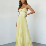Pale Yellow Elegant Cutout Pleated Satin Maxi Cami Dress