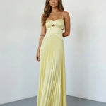 Pale Yellow Elegant Cutout Pleated Satin Maxi Cami Dress
