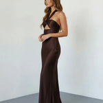Dark Brown Cutout Satin Slim Fit Floor Length Maxi Dress