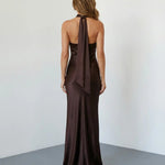 Dark Brown Cutout Satin Slim Fit Floor Length Maxi Dress