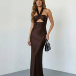 Dark Brown Cutout Satin Slim Fit Floor Length Maxi Dress