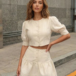 Beige Button Up Linen Puff Sleeve Slim Fit Cropped Top Mini Skirt Two Piece Set