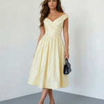 Pale Yellow Elegant Off Shoulder Ruched Waist Flared Midi Dress