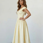 Pale Yellow Elegant Off Shoulder Ruched Waist Flared Midi Dress