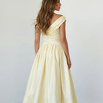 Pale Yellow Elegant Off Shoulder Ruched Waist Flared Midi Dress