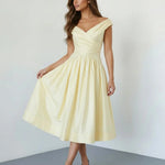 Pale Yellow Elegant Off Shoulder Ruched Waist Flared Midi Dress