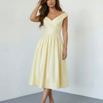 Pale Yellow Elegant Off Shoulder Ruched Waist Flared Midi Dress