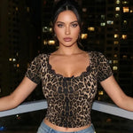 Brown Leopard Print Lace Trim Slim Fit Cropped Top