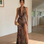 Brown Leopard Print High Slit Cowl Neck Slim Fit Maxi Dress