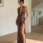 Brown Leopard Print High Slit Cowl Neck Slim Fit Maxi Dress