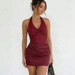 Burgundy Halter Neck Lace Ruched Bodycon Mini Dress