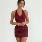 Burgundy Halter Neck Lace Ruched Bodycon Mini Dress