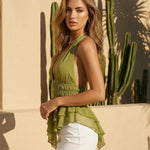 Green Halter Backless Ruffle Peplum Top