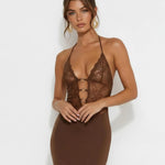 Brown Halter Neck Lace Insert Ring Detail Backless Maxi Dress