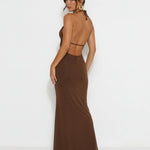 Brown Halter Neck Lace Insert Ring Detail Backless Maxi Dress