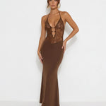 Brown Halter Neck Lace Insert Ring Detail Backless Maxi Dress