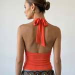 Red Plunging Halter Top Ribbed Knit Slim Fit Cropped Top