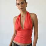 Red Plunging Halter Top Ribbed Knit Slim Fit Cropped Top