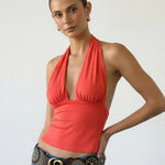 Red Plunging Halter Top Ribbed Knit Slim Fit Cropped Top