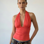 Red Plunging Halter Top Ribbed Knit Slim Fit Cropped Top