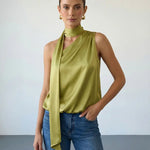 Olive Green Satin Asymmetric Halter Neck Tie Top