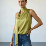 Olive Green Satin Asymmetric Halter Neck Tie Top
